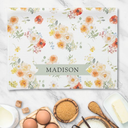 Personalized Name Watercolor Sunny Floral Pattern Theedoek