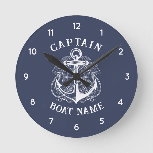 Personalized Nautical Captain Boat Name Anchor Ronde Klok (Voorkant)