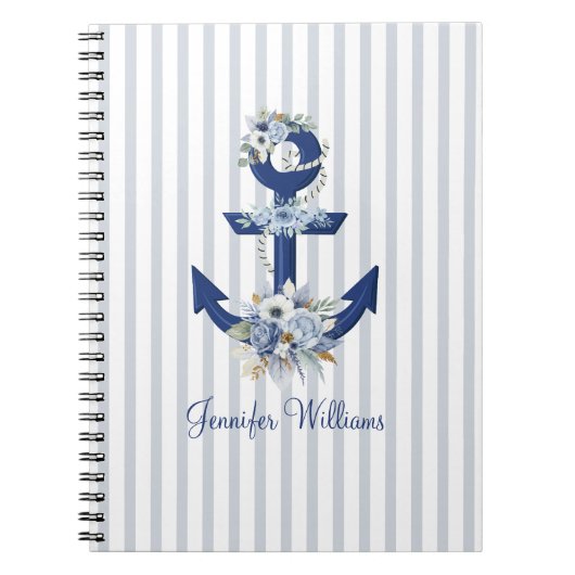 Personalized Nautical Floral Navy Stripes Notitieboek (Voorkant)