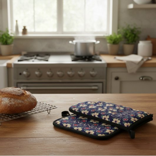 Personalized Navy Blue Floral Ovenwant & Pannenlap Set