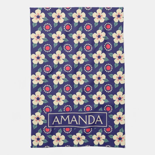 Personalized Navy Blue Floral Theedoek (Verticaal)