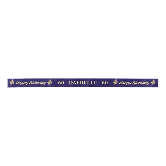 Personalized Navy Blue & Gold 60th Birthday Balloo Satijnen Lint (Voorkant)