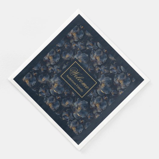 Personalized Navy Napkins Chic Gold Flower Gift Servet (Hoek)