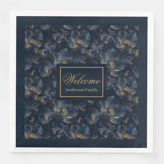 Personalized Navy Napkins Chic Gold Flower Gift Servet (Voorkant)