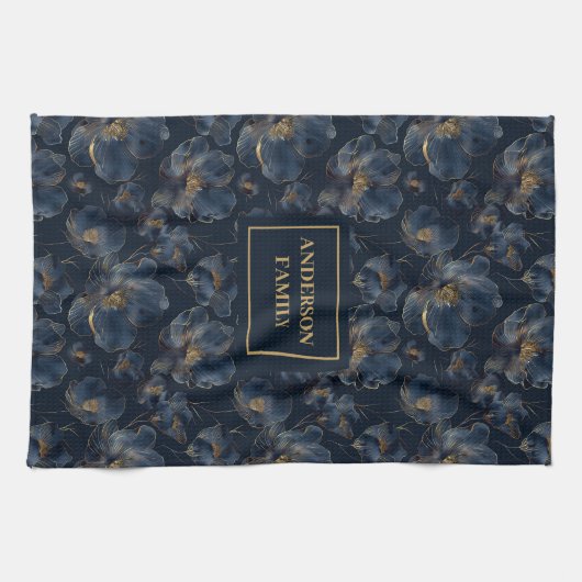 Personalized Navy Towel Chic Gold Flower Accent Theedoek (Horizontaal)