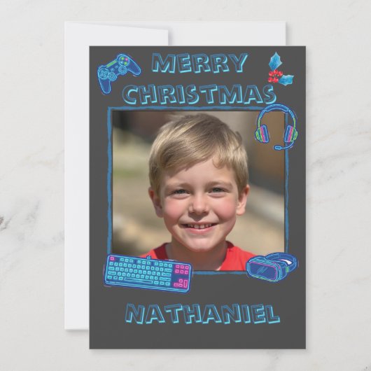 Personalized Neon Gamer Photo Flat Christmas  Feestdagenkaart (Voorkant)