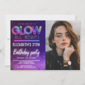 Personalized Neon Glow Birthday Invitation Photo Kaart (Voorkant)