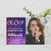 Personalized Neon Glow Birthday Invitation Photo Kaart (Staand voorkant)