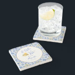 Personalized Newlywed Mediterranean Coastal Home Stenen Onderzetter<br><div class="desc">A stone coaster for newlywed's home featuring Mediterranean tile patterns, elegant script calligraphy, and a playful watercolor gelato ice cream design. Inspired by Italian coastal home decor and the sunny charm of the Amalfi Coast, this modern stylish bar accessory captures the spirit of la dolce vita with bright blue and...</div>