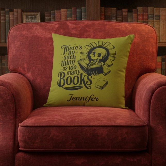 Personalized No Such Thing Too Many Bookworm Kussen (Olive green book worm throw pillow on red velvet chair.)