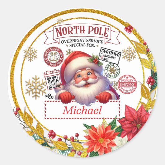 Personalized North Pole Delivery Santa Christmas Ronde Sticker (Voorkant)