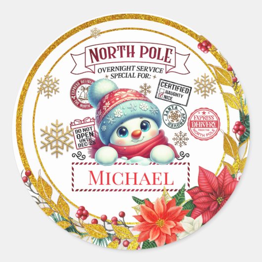 Personalized North Pole Snowman Christmas Gift Ronde Sticker (Voorkant)