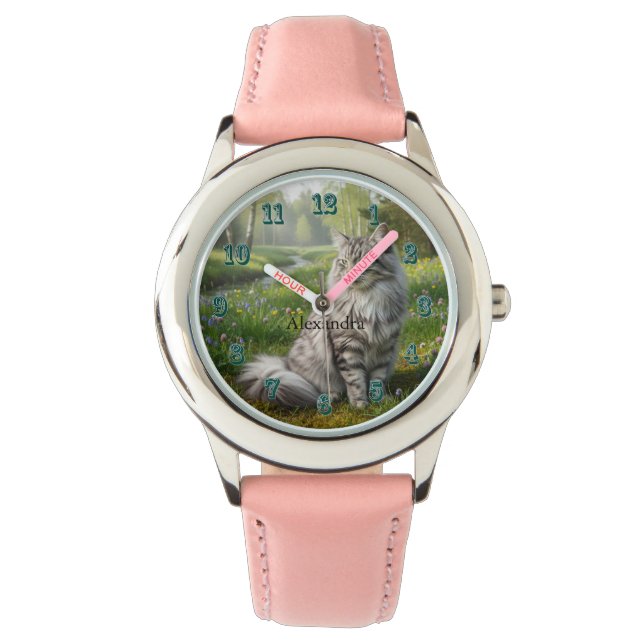 Personalized Norwegian Forest Cat in the Meadow Horloge (Voorkant)