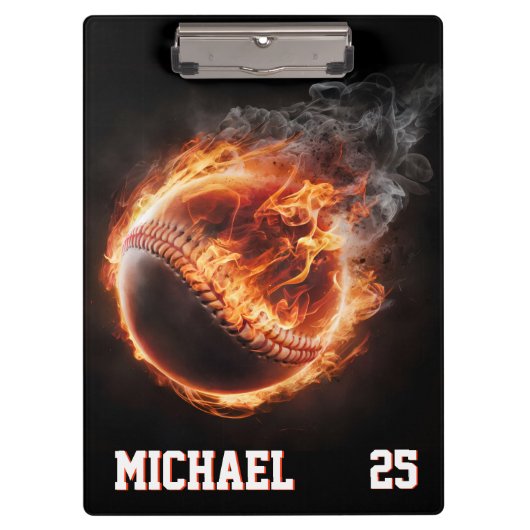 Personalized Number and Name Baseball Ball on Fire Klembord (Voorkant)