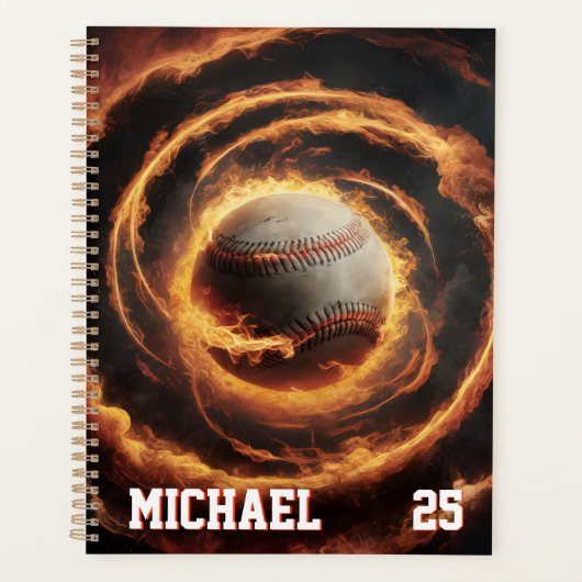 Personalized Number and Name Baseball Ball on Fire Planner (Voorkant)