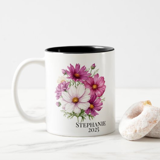 Personalized October Cosmos Birth Flower Mugs Tweekleurige Koffiemok (Met donut)