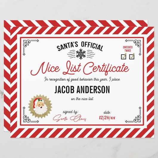 Personalized Official Santa Nice List Certificate (Voorkant / Achterkant)