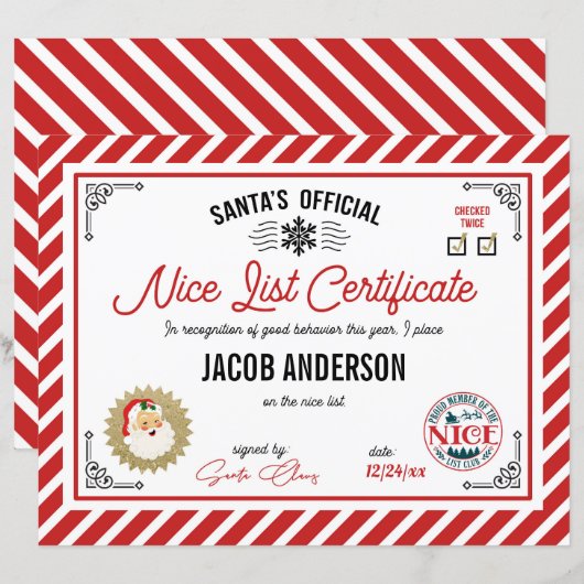 Personalized Official Santa Nice List Certificate (Voorkant / Achterkant)