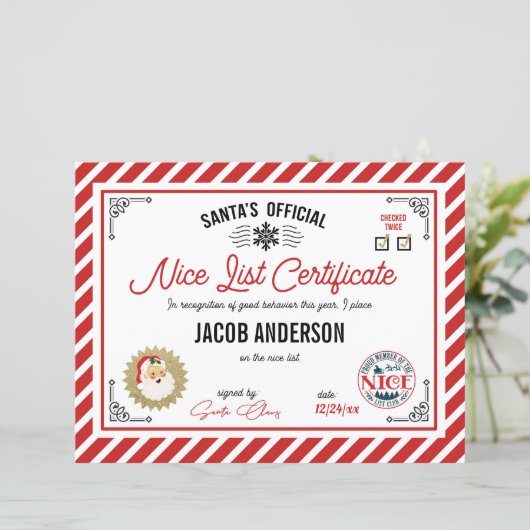 Personalized Official Santa Nice List Certificate (Staand voorkant)