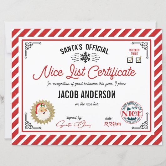 Personalized Official Santa Nice List Certificate (Voorkant)