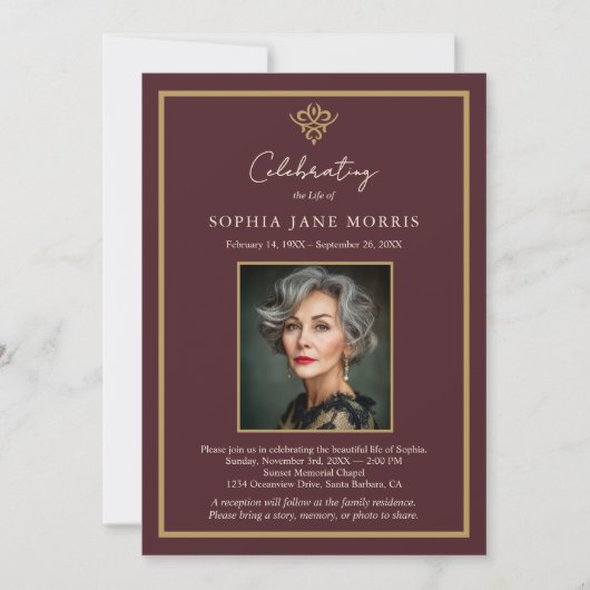 Personalized Old Money Burgundy Funeral Invitation Kaart (Voorkant)