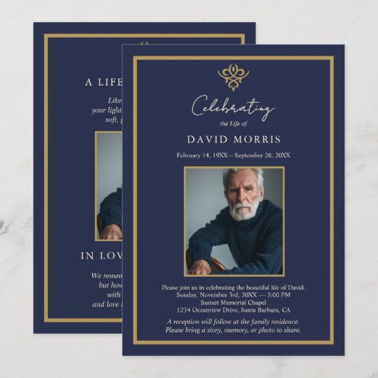 Personalized Old Money Navy Blue Funeral Kaart (Voorkant / Achterkant)