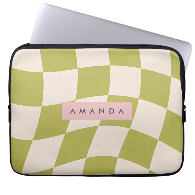 Personalized Olive Green Retro Checkered Wave Laptop Sleeve (Voorkant)