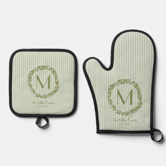 Personalized Olive Wreath Monogram  Ovenwant & Pannenlap Set (Voorkant)