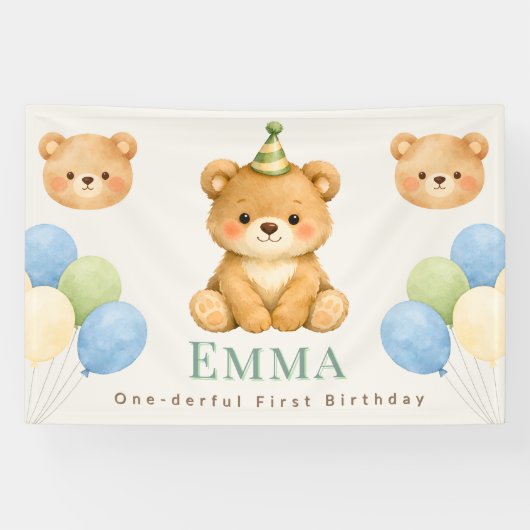 Personalized Onederful Bear First Birthday Banner (Horizontaal)