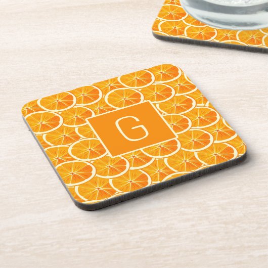 Personalized Orange Citrus Monogram Square Coaster Bier Onderzetter (Linkerzijde)