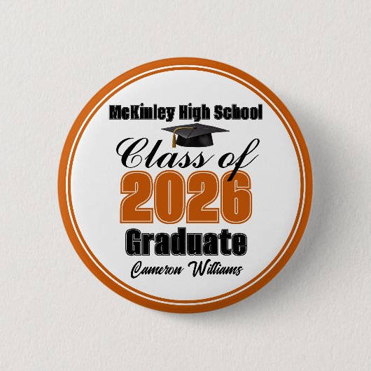 Personalized Orange Class of 2026 Graduation Party Ronde Button 5,7 Cm (Voorkant)