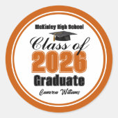 Personalized Orange Class of 2026 Graduation Party Ronde Sticker (Voorkant)