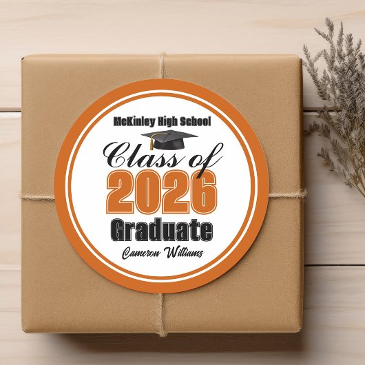 Personalized Orange Class of 2026 Graduation Party Ronde Sticker