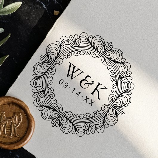 Personalized Ornate Wreath Wedding Monogram & Date Rubberstempel