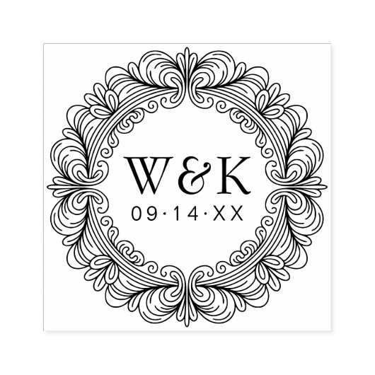 Personalized Ornate Wreath Wedding Monogram & Date Rubberstempel (Afrduk)