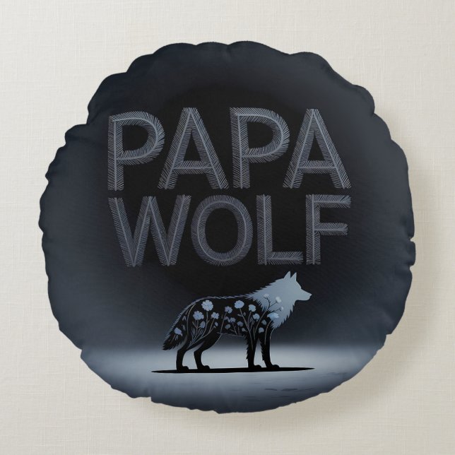 Personalized Papa Wolf Nature Silhouette Rond Kussen (Voorkant)