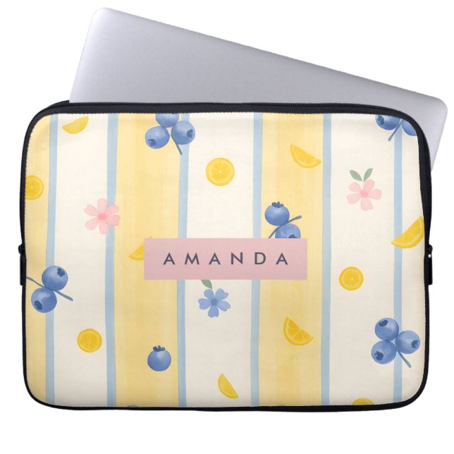 Personalized Pastel Blueberry & Lemon Pattern Laptop Sleeve (Voorkant)