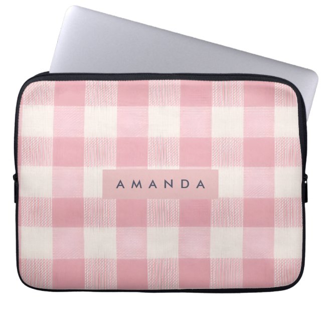 Personalized Pastel Blush Pink Gingham Laptop Sleeve (Voorkant)