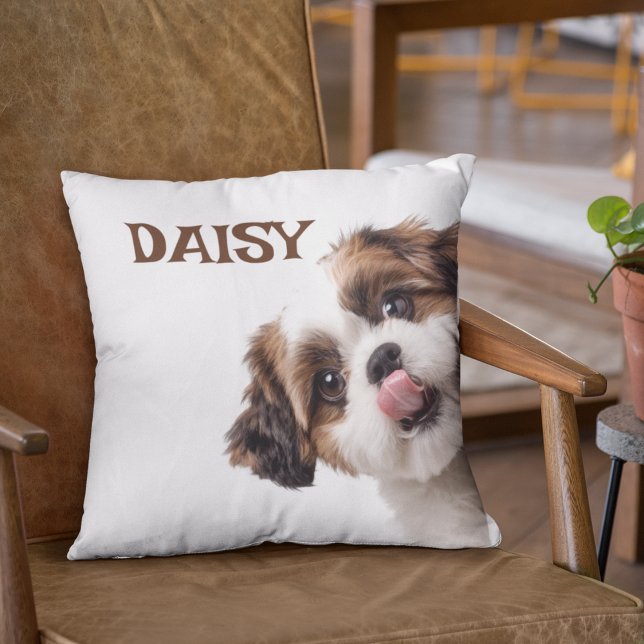 Personalized Pastel Brown Dog Photo & Name Pillow Kussen (Creator heeft geüpload)