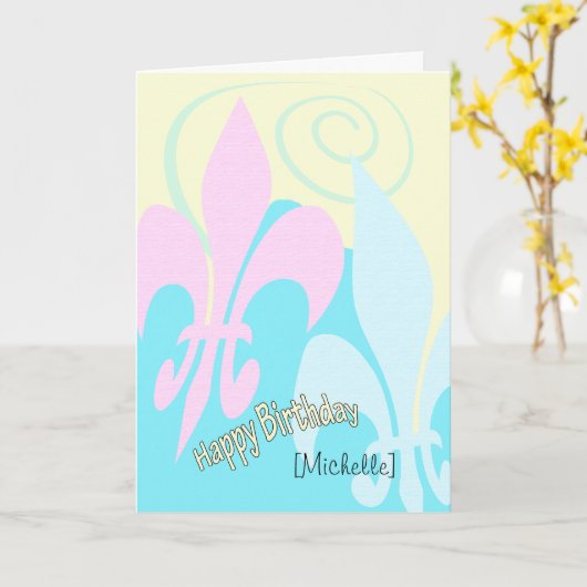 Personalized Pastel Fleur de Lis Art Birthday Kaart (Gele Bloem)