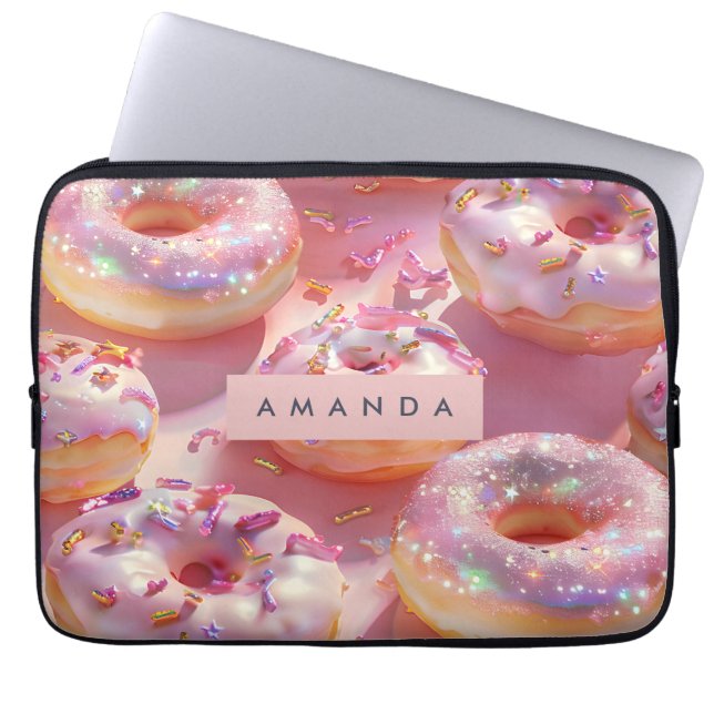 Personalized Pastel Glittering Pink Donut Dream Laptop Sleeve (Voorkant)