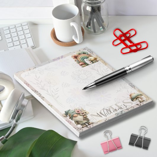 Personalized Pastel Gnome & Mushroom Floral Spring Notitieblok