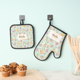Personalized Pastel Kitchen Magic Mint Green Ovenwant & Pannenlap Set