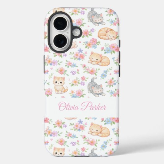 Personalized Pastel Kitten and Floral Name Custom  Case-Mate iPhone Case (Achterkant)