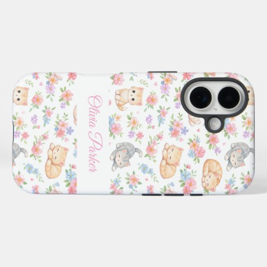Personalized Pastel Kitten and Floral Name Custom  Case-Mate iPhone Case (Achterkant (horizontaal))