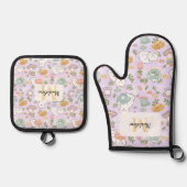 Personalized Pastel Lavender Kitchen Tea Cats Ovenwant & Pannenlap Set (Voorkant)