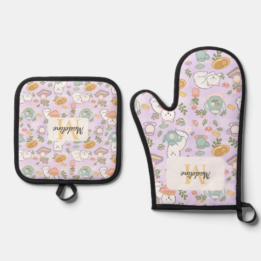 Personalized Pastel Lavender Kitchen Tea Cats Ovenwant & Pannenlap Set (Voorkant)