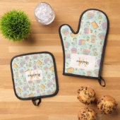 Personalized Pastel Mint Green Kitchen Magic Ovenwant & Pannenlap Set (Top down)