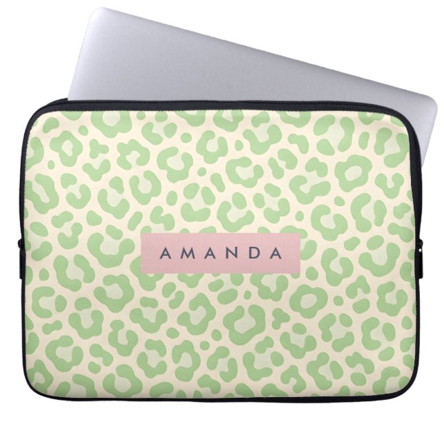Personalized Pastel Mint Green Leopard Print Laptop Sleeve (Voorkant)