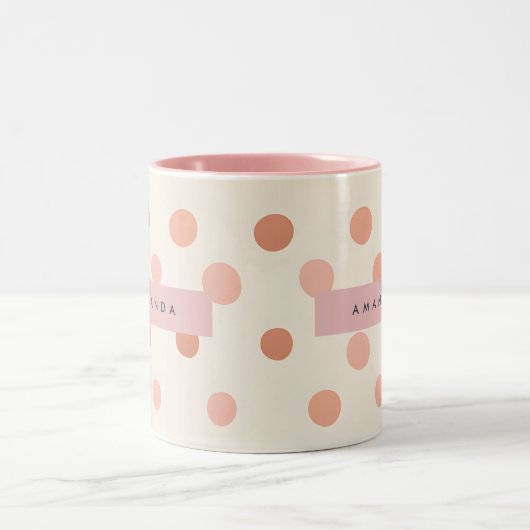 Personalized Pastel Peach & Blush Polka Dot  Tweekleurige Koffiemok (Center)
